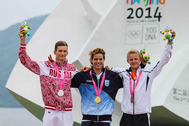 Left to right - Maxim Tokarev, Francisco Saubidet Birkner, and Lars van Someren - Nanjing 2014 Youth Olympic Games © ISAF 